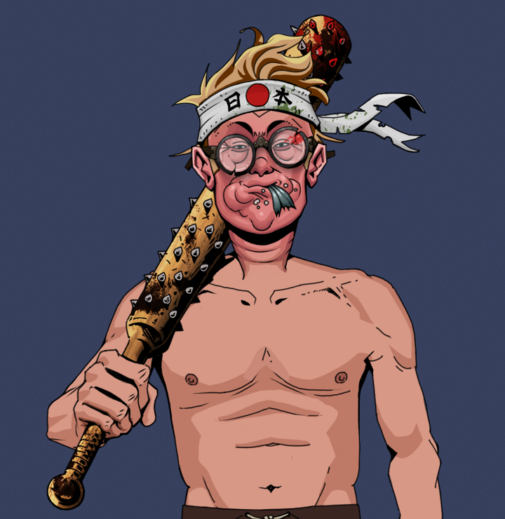 Fatty Bobsticks — Degen Dojo NFT art (Shirtless Runt, Blue Evening, Degens, Fatty Bobsticks, Bloodied Glasses, Karate Headband, Yakuza Club, Mint)