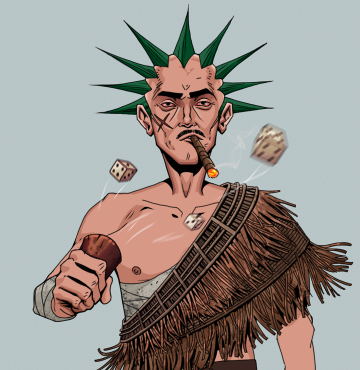 Raikou The Stoner — Degen Dojo NFT art (Shirtless Runt, Light Grey, Degens, Dried Straw, Raikou The Stoner, Zapachi, Chō-Han Gambling Dice, Mint)