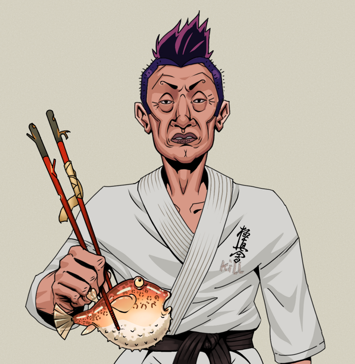 Goro — Degen Dojo NFT art (Shirtless Runt, Warm Grey, Degens, Student Gi, Goro, Yakuza Hooligan, Frightened Fugu, Mint)