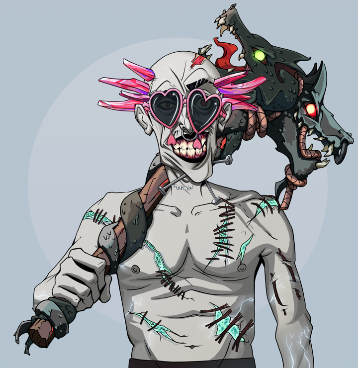 Junichiro — Degen Dojo NFT art (Shirtless Runt, Grey Mist, Demons, Battle Scars, Junichiro, Loveheart Shades, Dejen Mohawk, Wooden Warhammer, Mint)