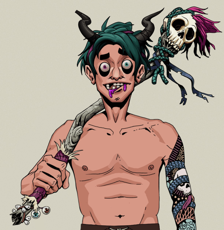 Shigusa Azuma — Degen Dojo NFT art (Shirtless Runt, Warm Grey, Degens, Skull Sleeve, Shigusa Azuma, Black Oni Horns, Shaman Skull Staff, Mint)