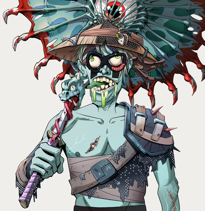 Toxic Azuma — Degen Dojo NFT art (Shirtless Runt, Warm Grey, Demons, Dried Straw, Toxic Azuma, Degen Superhero, Wide Kasa Fisherman, Floral Parasol, Mint)