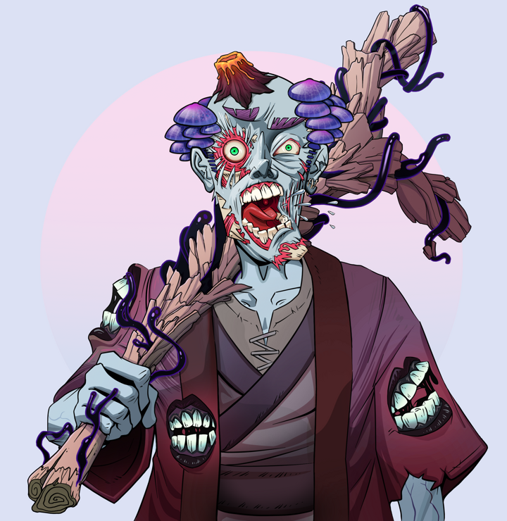 Tokuda — Degen Dojo NFT art (Shirtless Runt, Purple Night, Demons, Red Warrior Kimono, Tokuda, Kung Fu Beetle, Large Branch, Mint)