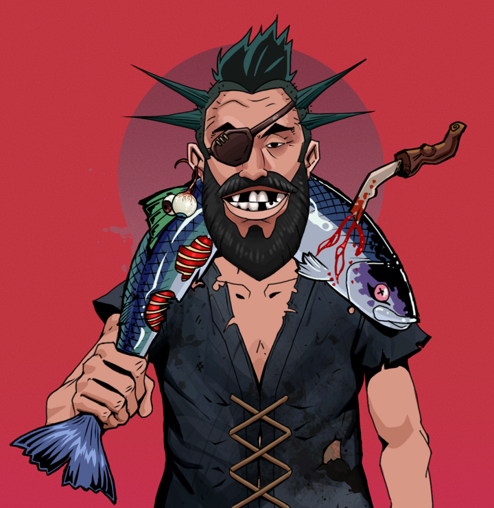 Igor The Veteran — Degen Dojo NFT art (Shaman Eyes, Red High Moon, Degens, Black Peasant Sack, Igor The Veteran, Shirtless Runt, Yakuza Ruffian, Dead Fish, Mint)