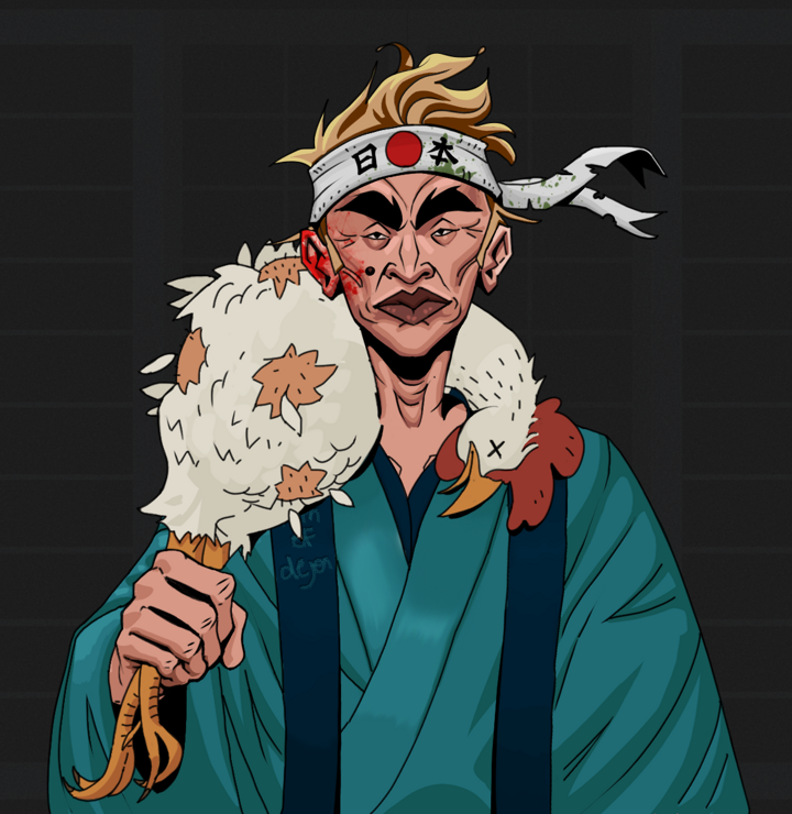 Young Yuji — Degen Dojo NFT art (Shirtless Runt, Shoji Night, Degens, Dejen Apostate, Young Yuji, Karate Headband, Chicken, Mint)