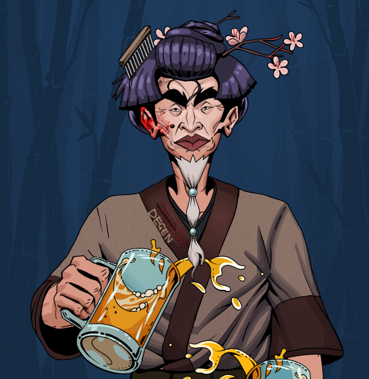 Yuji The Wise — Degen Dojo NFT art (Shirtless Runt, Night Forest, Degens, Degen Dojo Kimono, Yuji The Wise, Disheveled Geisha, Beer Splash, Mint)