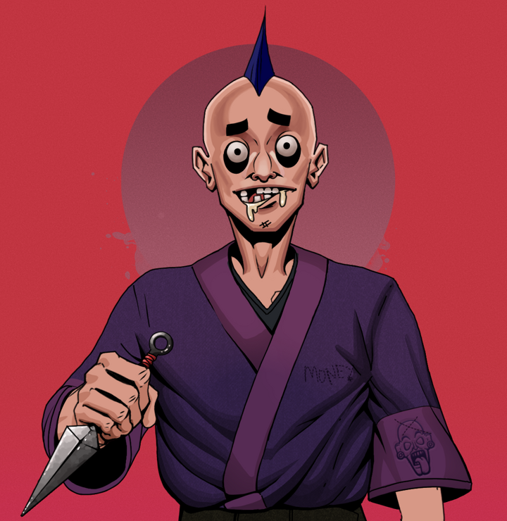 Drooling Azuma — Degen Dojo NFT art (Shirtless Runt, Red High Moon, Degens, Money Kimono, Drooling Azuma, Mohawk Spike, Kunai, Mint)