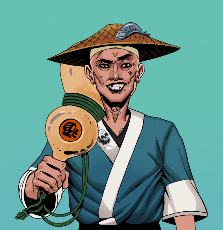 Junichiro — Degen Dojo NFT art (Shirtless Runt, Teal Daytime, Degens, Skull Kimono, Junichiro, Wide Kasa Fisherman, Giant Sake Bottle, Mint)