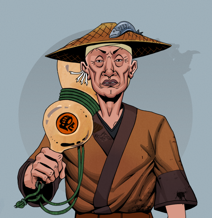 Goro — Degen Dojo NFT art (Chicken Bones, Grey Mist, Degens, Poop Pride Kimono, Goro, Shirtless Runt, Wide Kasa Fisherman, Giant Sake Bottle, Mint)