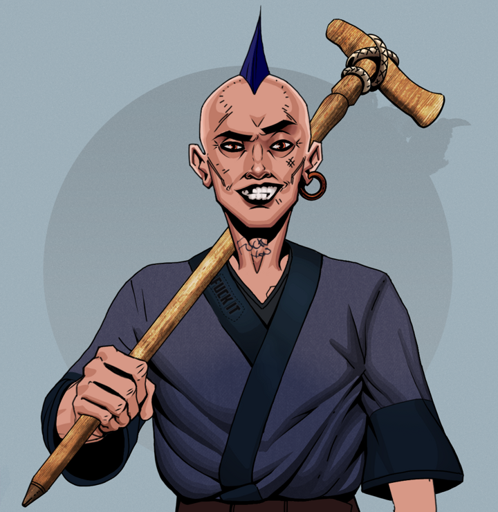 Junichiro — Degen Dojo NFT art (Wooden Loop, Grey Mist, Degens, Fuck You Kimono, Junichiro, Shirtless Runt, Mohawk Spike, Wooden Walking Cane, Mint)