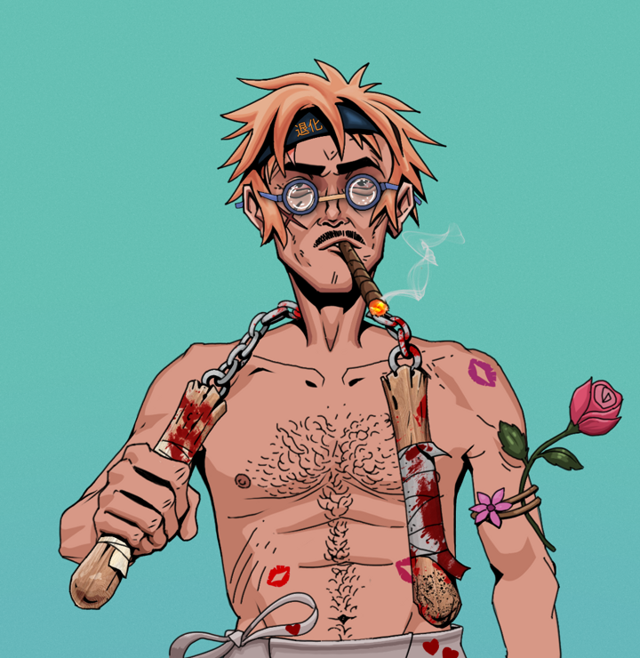 Raikou The Stoner — Degen Dojo NFT art (Shirtless Runt, Teal Daytime, Degens, Womanizer, Raikou The Stoner, Spectacles, Tiger Headband Ruffian, Bloody Nunchucks, Mint)