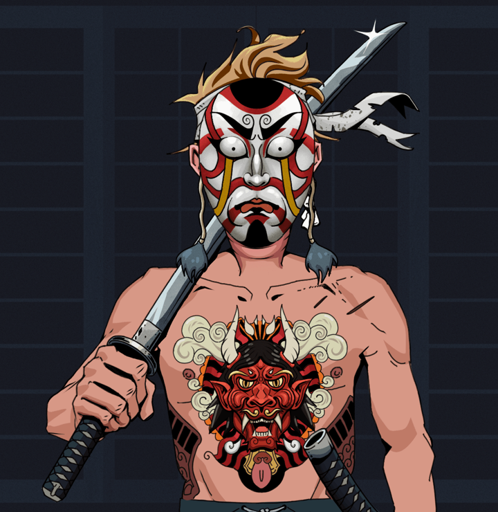 Fatty Bobsticks — Degen Dojo NFT art (Foes Teeth, Shoji Night, Degens, Red Oni Tattoo, Fatty Bobsticks, Kitsune Mask, Karate Headband, Katana, Mint)