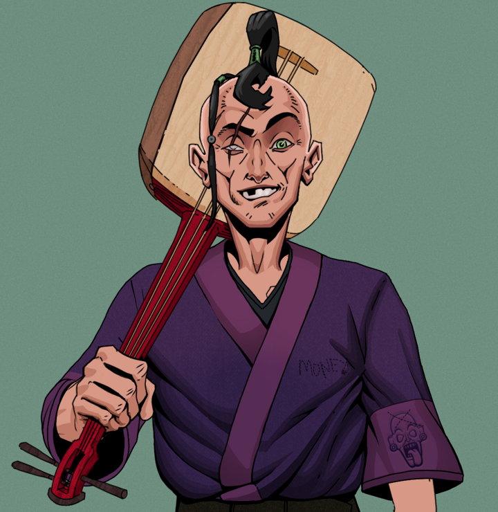 One-Eyed Itsuki — Degen Dojo NFT art (Shirtless Runt, Olive Green, Degens, Money Kimono, One-Eyed Itsuki, Dejen Samurai, Shamisen, Mint)