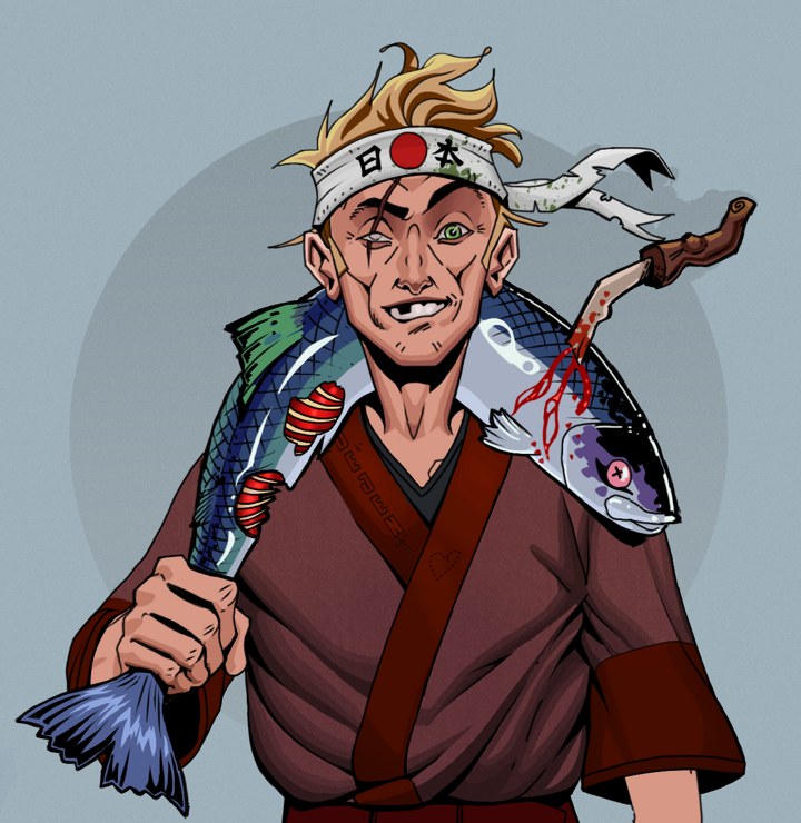 One-Eyed Itsuki — Degen Dojo NFT art (Shirtless Runt, Grey Mist, Degens, Proud Dejen Kimono, One-Eyed Itsuki, Karate Headband, Dead Fish, Mint)