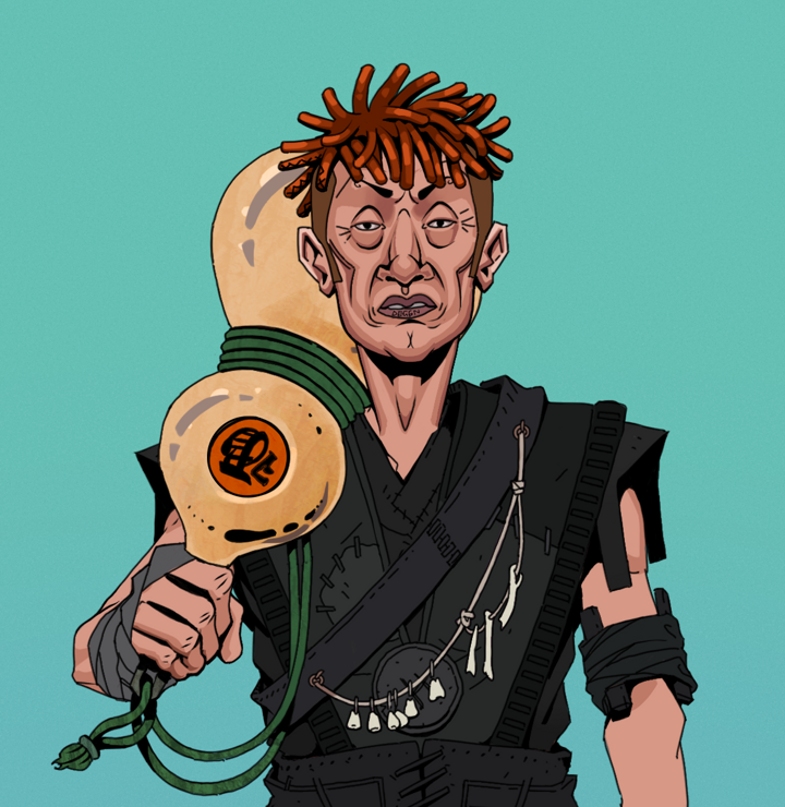 Goro — Degen Dojo NFT art (Shirtless Runt, Teal Daytime, Degens, Warlock Wannabe, Goro, Orange Bantu Knots, Giant Sake Bottle, Mint)