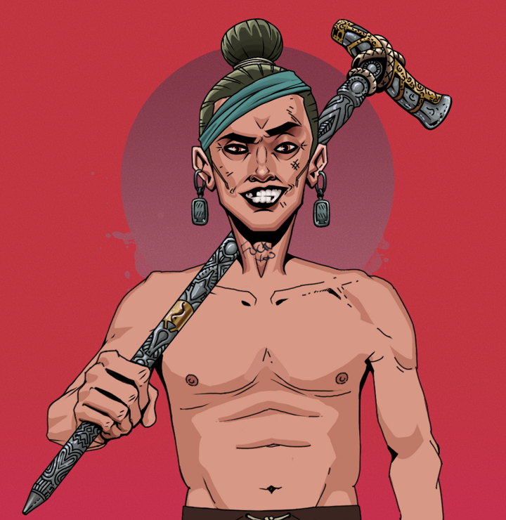 Junichiro — Degen Dojo NFT art (Iron Earrings, Red High Moon, Degens, Shirtless Runt, Junichiro, Hair Bun, Artisan Walking Cane, Mint)