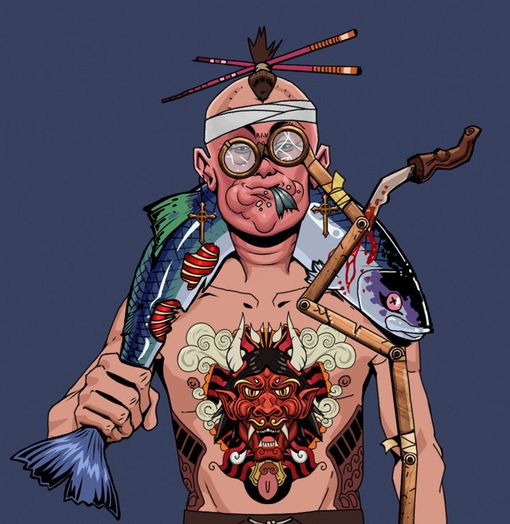 Fatty Bobsticks — Degen Dojo NFT art (Jesuit Crosses, Blue Evening, Degens, Red Oni Tattoo, Fatty Bobsticks, Telescopic Glasses, Hair Bun With Chopsticks, Dead Fish, Mint)