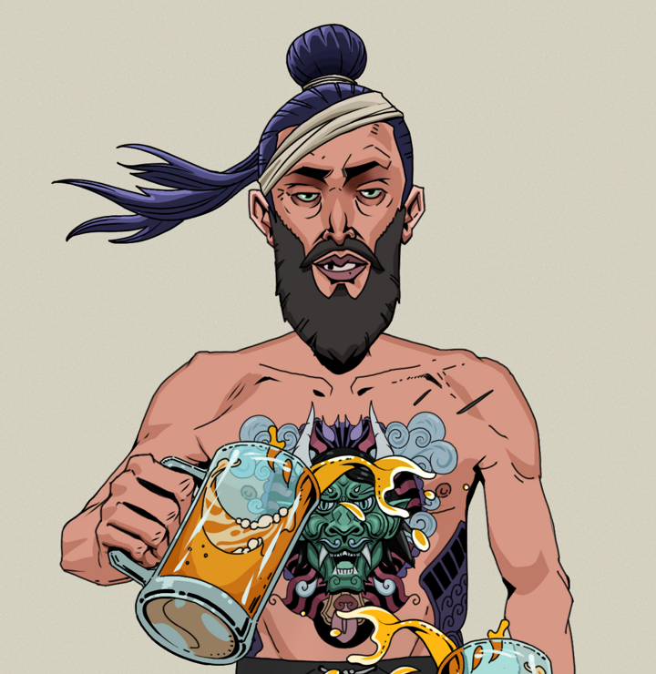 Serious Oleg — Degen Dojo NFT art (Shirtless Runt, Warm Grey, Degens, Blue Oni Tattoo, Serious Oleg, Long Flowing, Beer Splash, Mint)