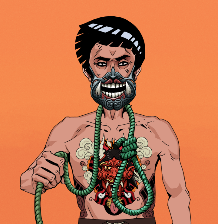 Junichiro Reborn — Degen Dojo NFT art (Shirtless Runt, Orange Afternoon, Degens, Red Oni Tattoo, Junichiro Reborn, Hannya Half Mask, Rock Lee, Noose, Mint)