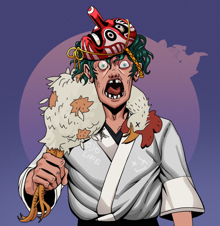 Tokuda — Degen Dojo NFT art (Shirtless Runt, Purple Night, Degens, No Honor Kimono, Tokuda, Tengu Mask, Chicken, Mint)