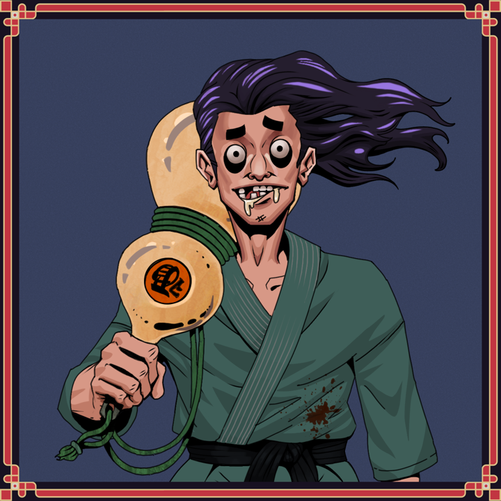 Drooling Azuma — Degen Dojo NFT art (Shirtless Runt, Blue Evening, Drooling Azuma, Fight Gi, Degen, Flowing Battousai, Chilling Head Dash, Giant Sake Bottle, Framed)