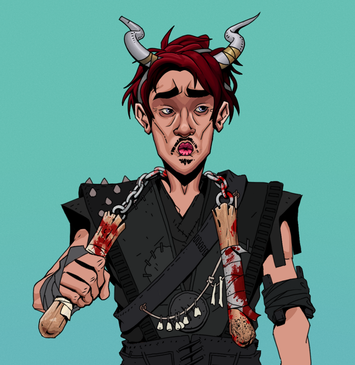 Masumi Steel — Degen Dojo NFT art (Shirtless Runt, Teal Daytime, Degens, Warlock Wannabe, Masumi Steel, Grey Oni Horns, Bloody Nunchucks, Mint)
