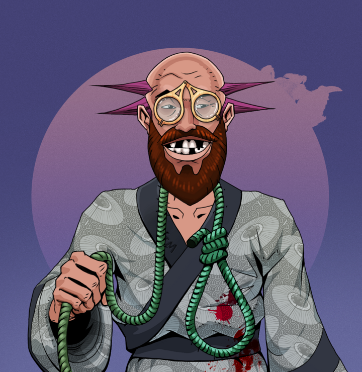 Igor The Bear — Degen Dojo NFT art (Shirtless Runt, Purple Night, Degens, Loose Parasol Kimono, Igor The Bear, Pocket Glasses, Dejen Mohawk, Noose, Mint)