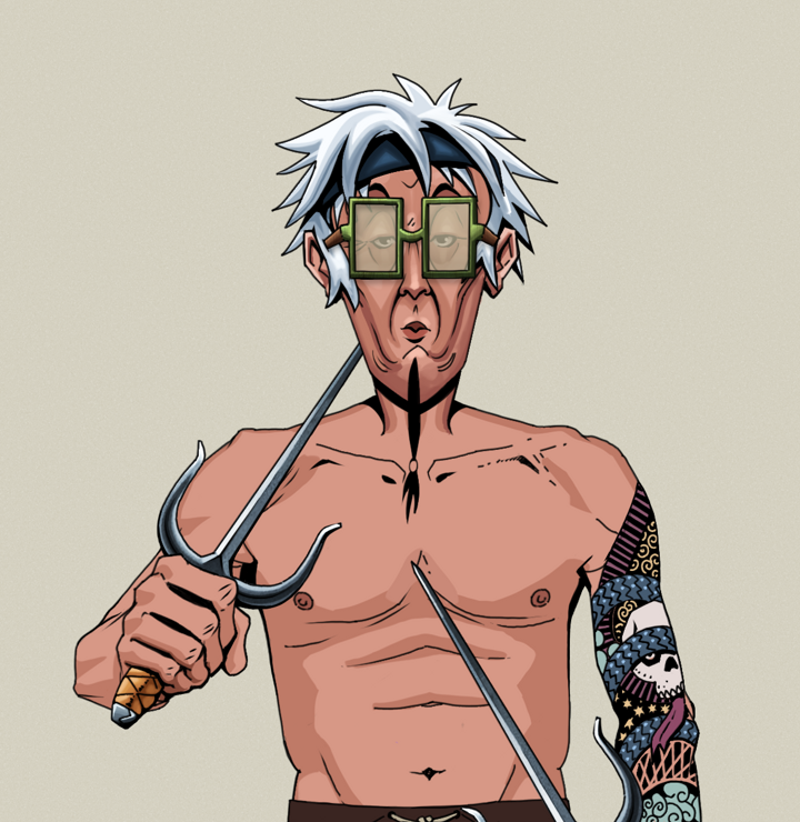 Edmundo — Degen Dojo NFT art (Shirtless Runt, Warm Grey, Degens, Skull Sleeve, Edmundo, Shoji Glasses, White Ruffian, Dual Sai, Mint)