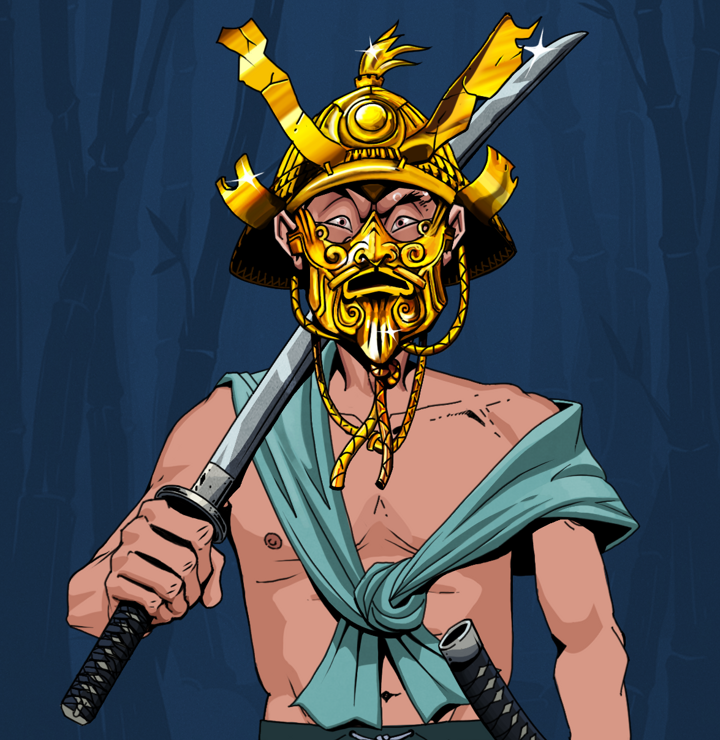 Stresshead Rin — Degen Dojo NFT art (Shirtless Runt, Night Forest, Degens, Queeny Chic, Stresshead Rin, Golden Kabuto, Katana, Mint)