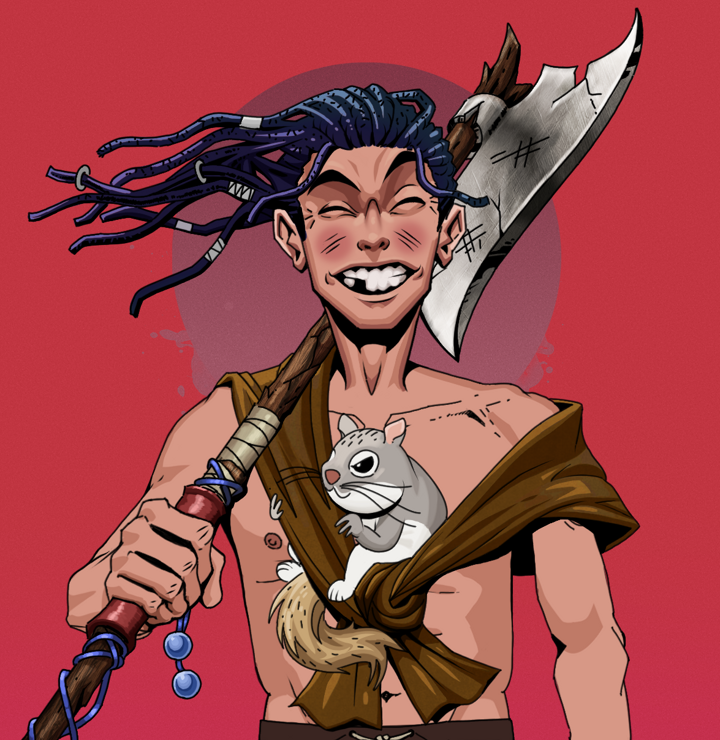 Cheery Haru — Degen Dojo NFT art (Shirtless Runt, Red High Moon, Degens, Little Momonga Friend, Cheery Haru, Flowing Dreads, Broken Nagatina, Mint)