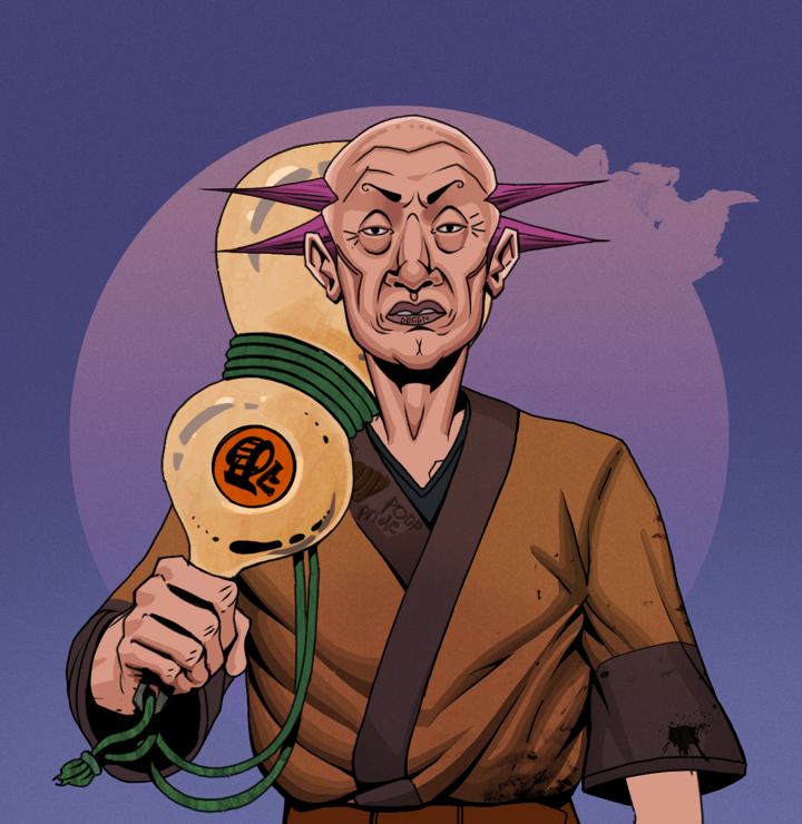 Goro — Degen Dojo NFT art (Shirtless Runt, Purple Night, Degens, Poop Pride Kimono, Goro, Dejen Mohawk, Giant Sake Bottle, Mint)