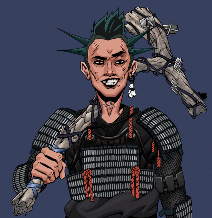 Junichiro — Degen Dojo NFT art (Foes Teeth, Blue Evening, Degens, Black Iron Tosei Gusoku, Junichiro, Shirtless Runt, Yakuza Ruffian, Large Branch, Mint)