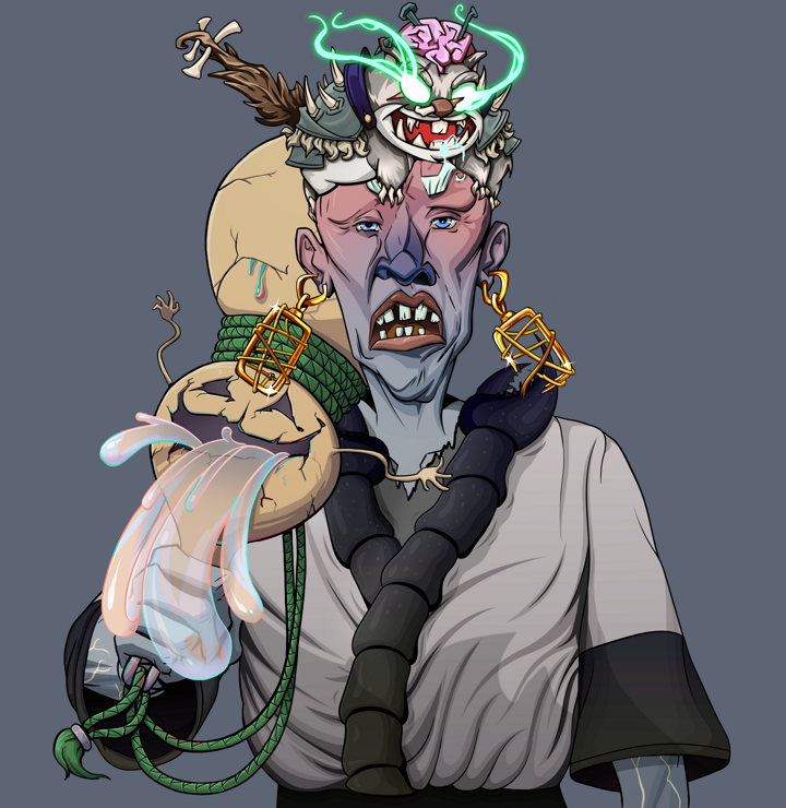 Goro — Degen Dojo NFT art (Gold Earrings, Shoji Night, Demons, Katana Kimono, Goro, Shirtless Runt, Mr. Momonga Hat, Giant Sake Bottle, Mint)
