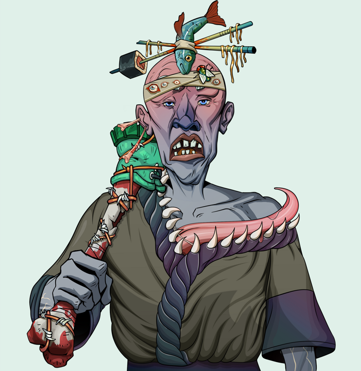 Goro — Degen Dojo NFT art (Chicken Bones, Teal Daytime, Demons, Puppy Kimono, Goro, Shirtless Runt, Hair Bun With Chopsticks, Spiky Femur, Mint)