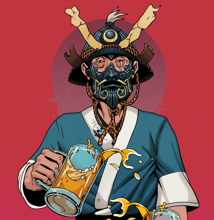 Teary Goro — Degen Dojo NFT art (Shirtless Runt, Red High Moon, Degens, Skull Kimono, Teary Goro, Tatami Kabuto, Beer Splash, Mint)
