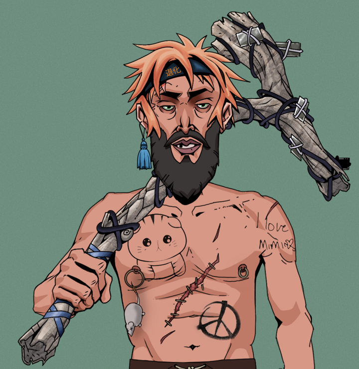 Serious Oleg — Degen Dojo NFT art (Tassel, Olive Green, Degens, Recovering Alcoholic, Serious Oleg, Shirtless Runt, Tiger Headband Ruffian, Large Branch, Mint)