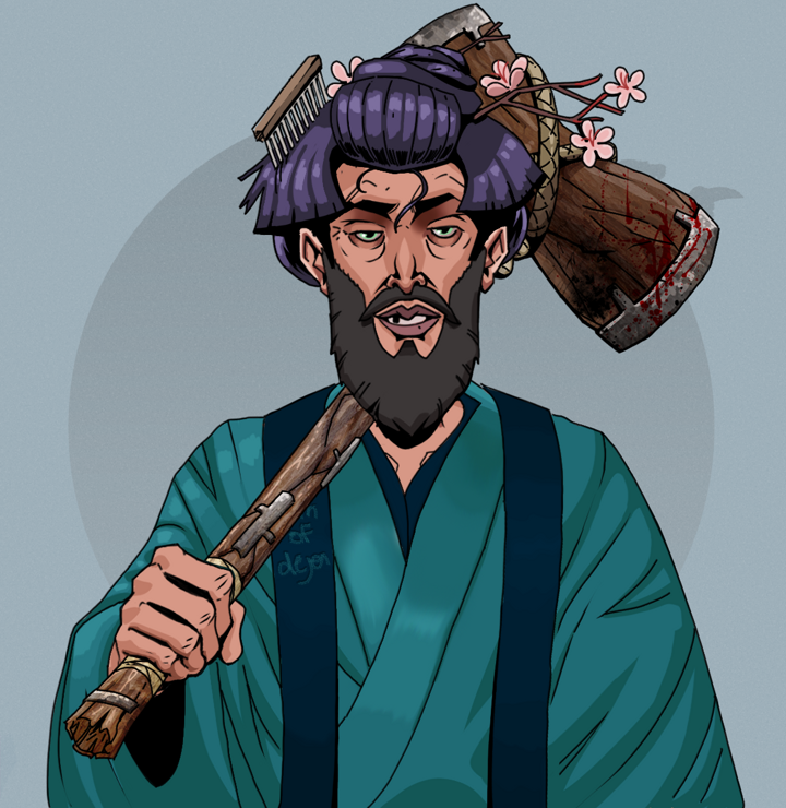Serious Oleg — Degen Dojo NFT art (Shirtless Runt, Grey Mist, Degens, Dejen Apostate, Serious Oleg, Disheveled Geisha, Wooden Warhammer, Mint)