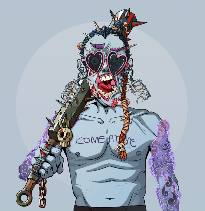 Tokuda — Degen Dojo NFT art (Iron Earrings, Grey Mist, Demons, Black Yakuza Sleeves, Tokuda, Loveheart Shades, Braided Samurai Ponytail, Yakuza Club, Mint)