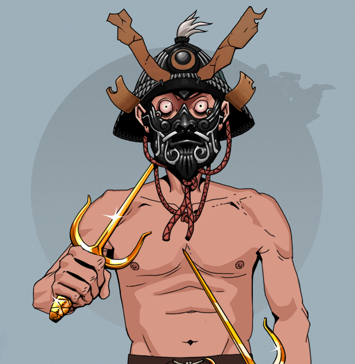 Assassin Fuzen — Degen Dojo NFT art (Shirtless Runt, Grey Mist, Degens, Assassin Fuzen, Black Iron Kabuto, Golden Sai, Mint)