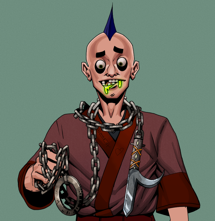 Toxic Azuma — Degen Dojo NFT art (Shirtless Runt, Olive Green, Degens, Proud Dejen Kimono, Toxic Azuma, Mohawk Spike, Heavy Kyoketsu, Mint)
