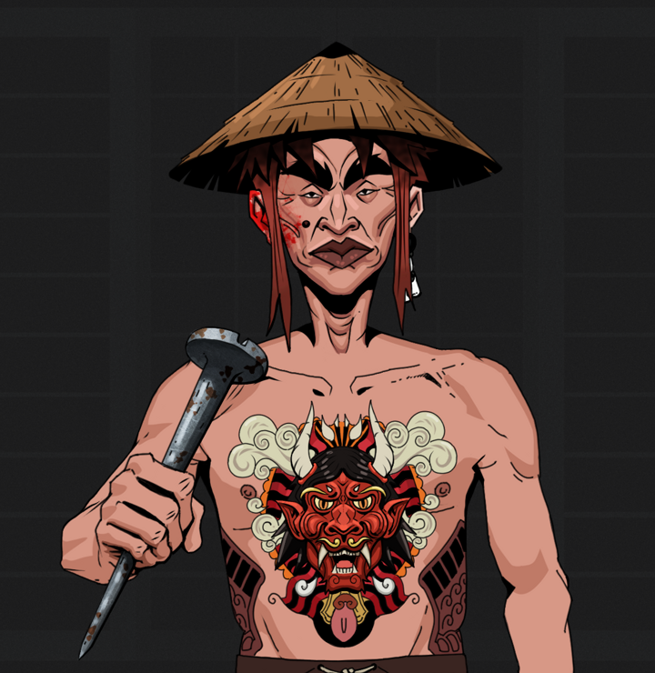 Young Yuji — Degen Dojo NFT art (Foes Teeth, Shoji Night, Degens, Red Oni Tattoo, Young Yuji, Shirtless Runt, Rice Hat, Rusty Nail, Mint)