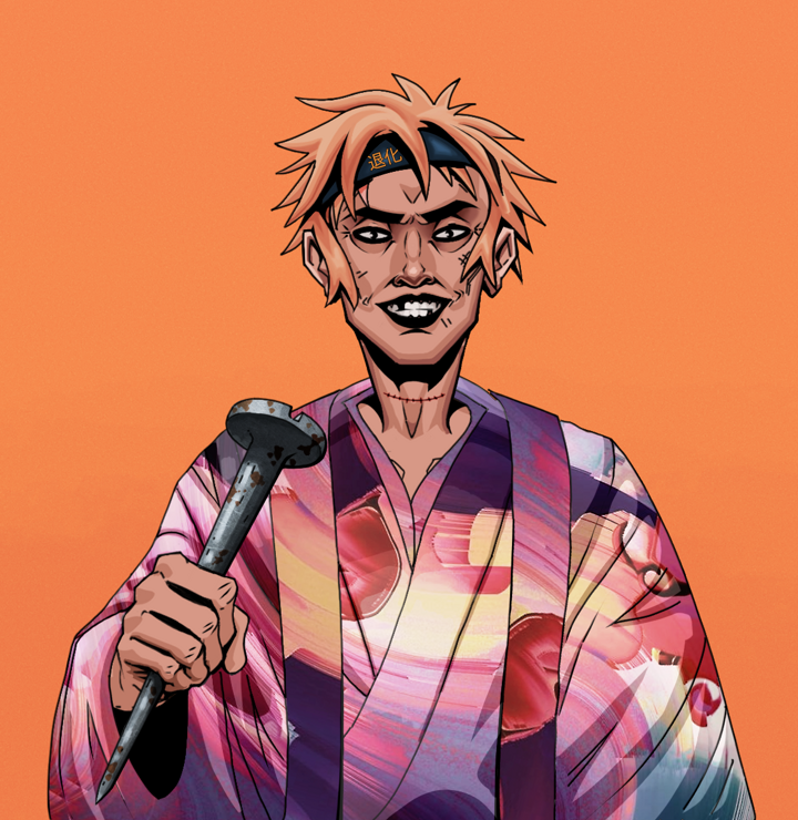 Junichiro Reborn — Degen Dojo NFT art (Shirtless Runt, Orange Afternoon, Degens, Autumn Sakura Kimono, Junichiro Reborn, Tiger Headband Ruffian, Rusty Nail, Mint)