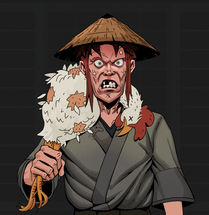 Angry Ikari — Degen Dojo NFT art (Shirtless Runt, Shoji Night, Degens, Puppy Kimono, Angry Ikari, Rice Hat, Chicken, Mint)