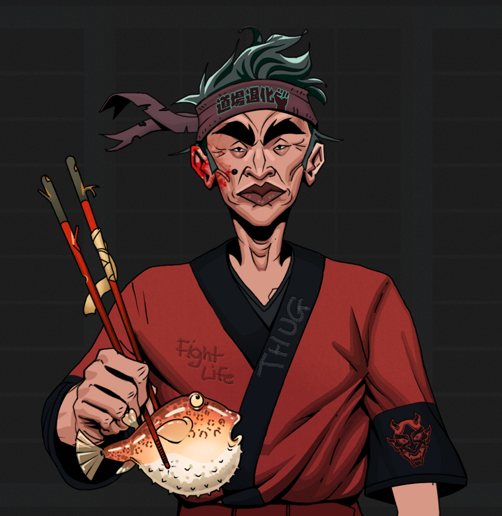 Young Yuji — Degen Dojo NFT art (Shirtless Runt, Shoji Night, Degens, Red Oni Kimono, Young Yuji, Degen Dojo Headband, Frightened Fugu, Mint)