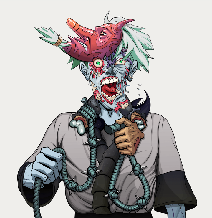 Tokuda — Degen Dojo NFT art (Shirtless Runt, Warm Grey, Demons, Katana Kimono, Tokuda, Tengu Mask, Noose, Mint)