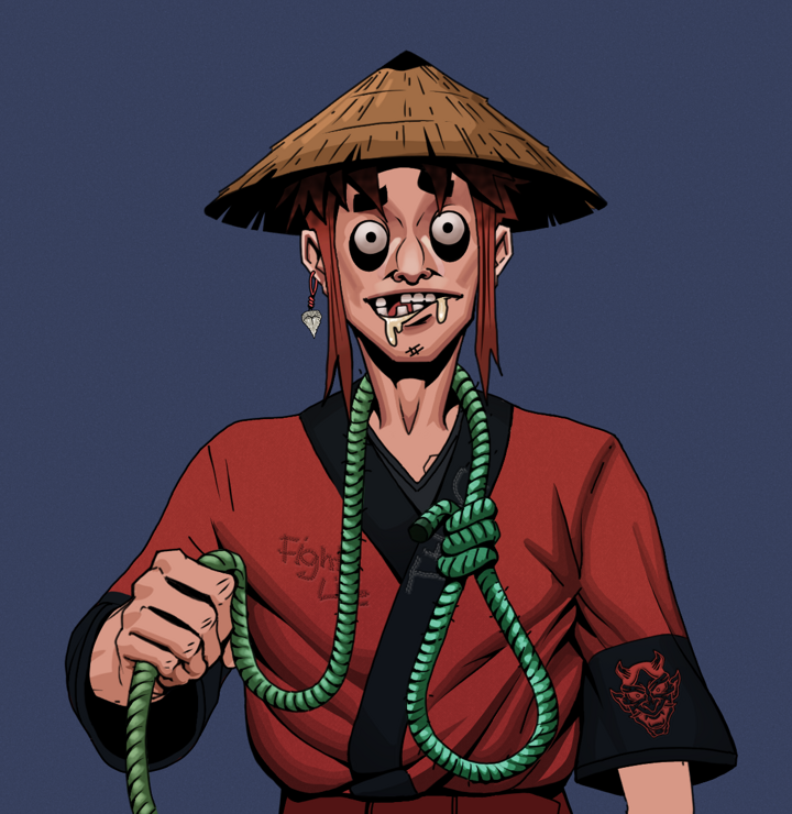 Drooling Azuma — Degen Dojo NFT art (Shark Tooth, Blue Evening, Degens, Red Oni Kimono, Drooling Azuma, Shirtless Runt, Rice Hat, Noose, Mint)