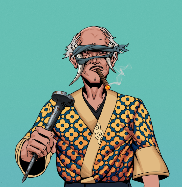 Raikou The Stoner — Degen Dojo NFT art (Shirtless Runt, Teal Daytime, Degens, Yellow Flowers Silk Kimono, Raikou The Stoner, Tied Horns, Kung Fu Master, Rusty Nail, Mint)