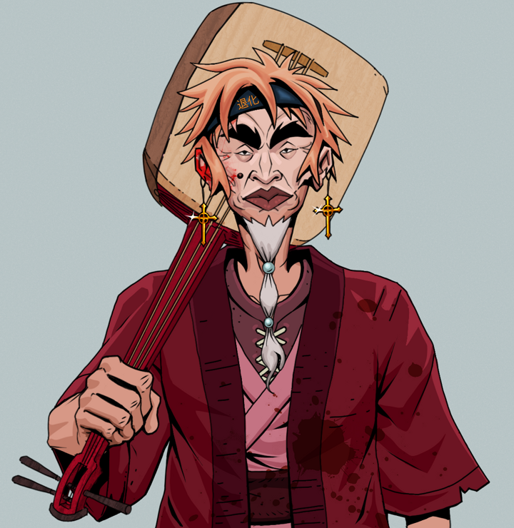 Yuji The Wise — Degen Dojo NFT art (Golden Jesuit Crosses, Light Grey, Degens, Red Warrior Kimono, Yuji The Wise, Shirtless Runt, Tiger Headband Ruffian, Shamisen, Mint)