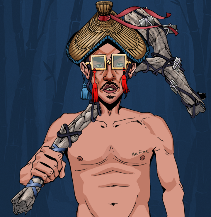 Gloomy Masumi — Degen Dojo NFT art (Tassel, Night Forest, Degens, Nudey Freak, Gloomy Masumi, Shoji Tassel Glasses, High Straw Rice Hat, Large Branch, Mint)