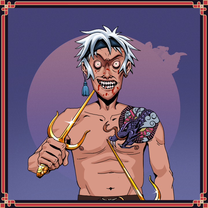 Assassin Fuzen — Degen Dojo NFT art (Tassel, Purple Night, Assassin Fuzen, Dragon Head Tattoo, Degen, Shirtless Runt, White Ruffian, Mocking Lion Blow, Golden Sai, Framed)